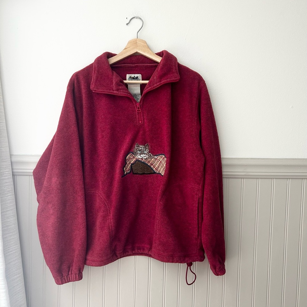 Vintage Northern Reflections Small Red Quarter Zip Sweatshirt Cat Embroidered